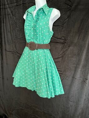 R Wish, minty green polka dot sleeveless collared dress, size L